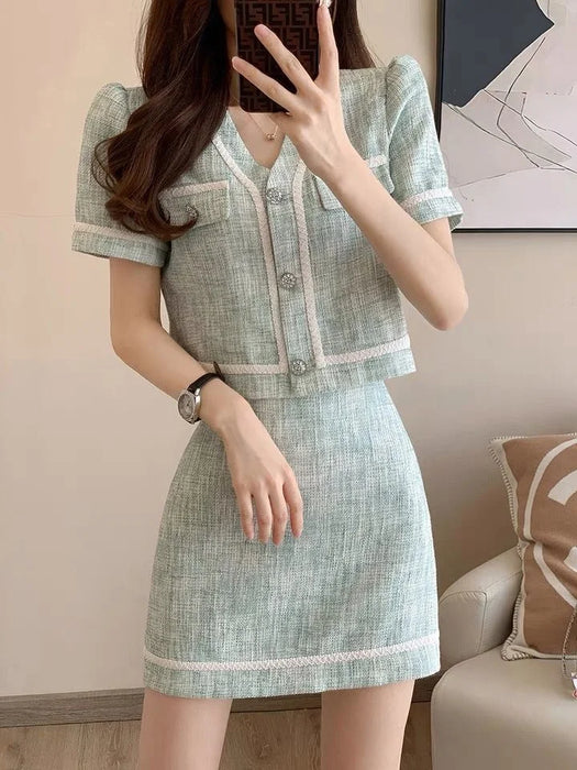 French Vintage Small Fragrance Two Piece Set Women Short Jacket Coat + Mini Skirt Sets Korean Fashion Summer 2 Piece Outfit