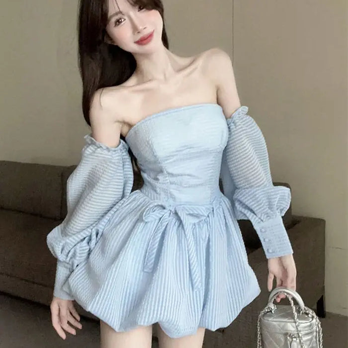 VenusFox French Strapless Dress Women Spring Summer Temperament High-end Sexy Backless Princess Puffy Dresses Shorts Set
