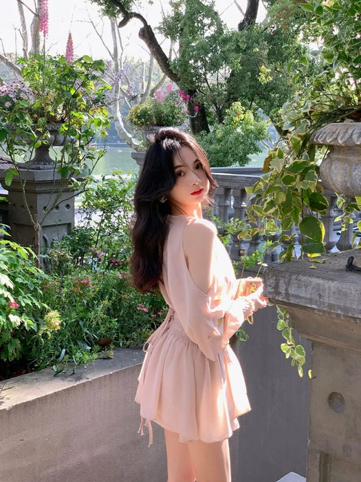 VenusFox Mini Dresses Women Spring Summer Off Shoulder Puff Long Sleeve Chiffon Sweet Ruched Elegant Dress Female Casual Fashion