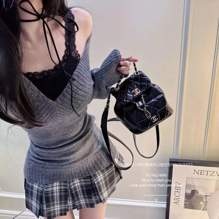 3 Pieces Set Outfits Women Korean Style Two Piece Set Knit Top Pleated Plaid Skirt Matching Set New 2000s Clothes Y2k Gyaru Girl
