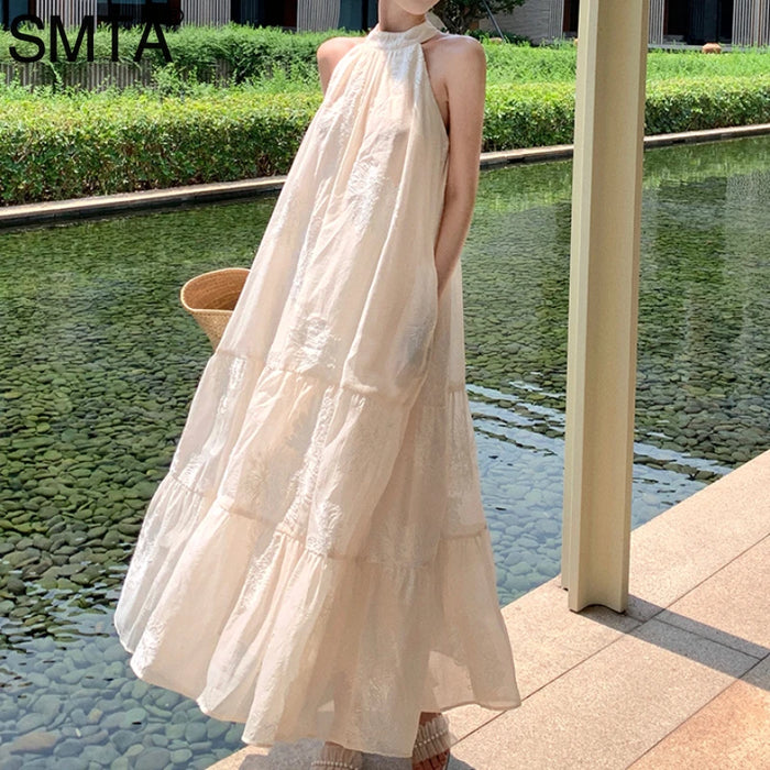 VenusFox Temperament Bohemian Seaside Resort Style Sexy Loose Hanging Neck Character Embroidery Sleeveless Midi Dress Women Summer