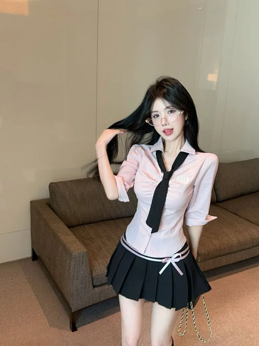 Korean College Sle Sweet And Spicy irt Top with Waist-Cinching Midi Skirt Set Cotton Blend Seven-quarter Sve Tie-waist