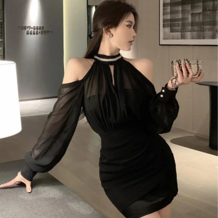 Off Shoulder Dresses for Women Spring Autumn 2025 Beach Korean Fashion One Pieces Curvy Hot Kpop Chiffon Woman Long Sleeve Dress