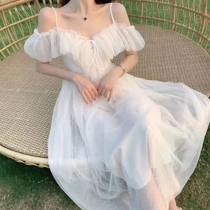 Mesh Dress Woman 2023 Summer Fairycore  Low Chest Off Shoulder Lace-Up White Dresses Women Sexy Sweet Spaghetti Strap Dress