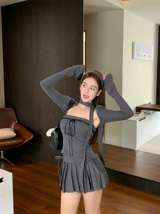 Korean Chic Spicy Girl Long Sleeve Cardigan Slim Fit Tube Top Bow High Waist Pleated Short Skirt Set Two Piece Set Women Outfits