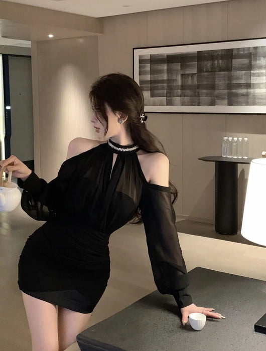 Off Shoulder Dresses for Women Spring Autumn 2025 Beach Korean Fashion One Pieces Curvy Hot Kpop Chiffon Woman Long Sleeve Dress