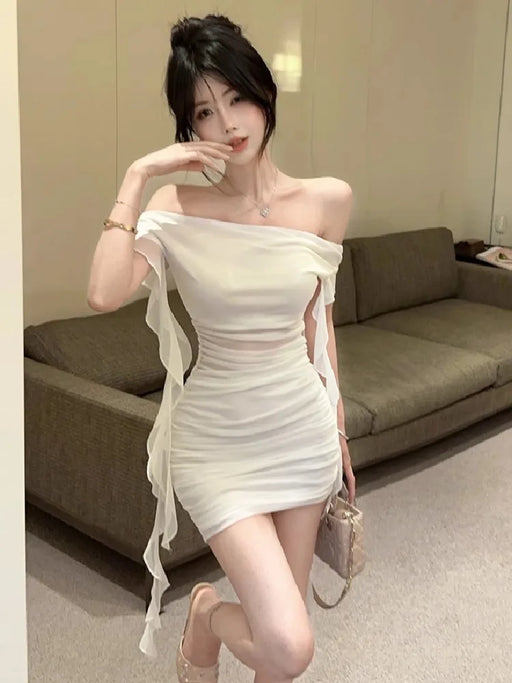 VenusFox Woman Dress Strapless Ruffles Sweet Off Shoulder Patchwork Slim Sweet Backless Summer Fashion Party Mini Dresses Sexy