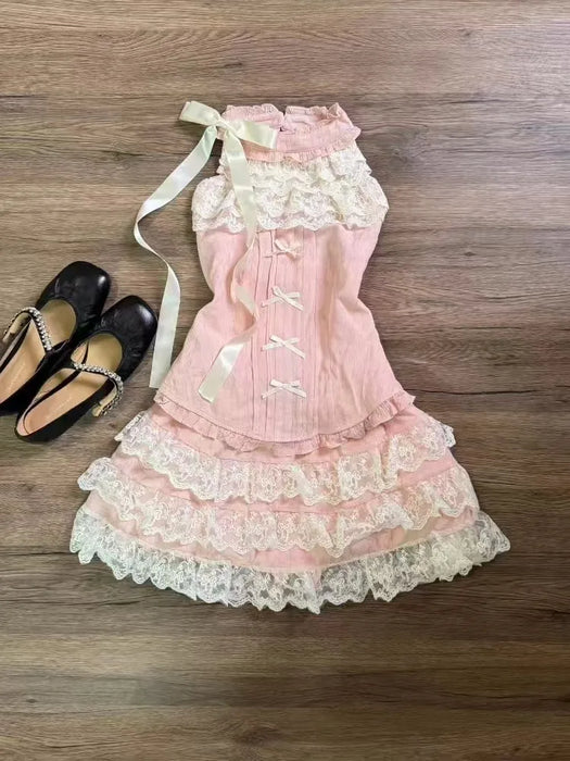 Y2k Japanese Sweet Kawaii 2 Piece Set Women Bow Lace Slim Tops Vest Fluffy Cake Mini Skirt Suits Summer Cute Dresses Cute Sets