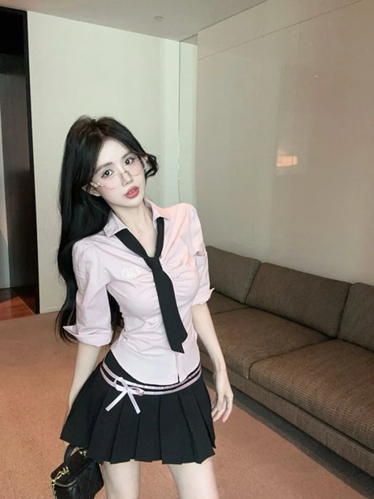 Korean College Sle Sweet And Spicy irt Top with Waist-Cinching Midi Skirt Set Cotton Blend Seven-quarter Sve Tie-waist