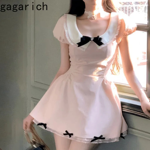 VenusFox French Cute Girl Pink Dress 2025 Summer Women New Gentle Lace Sweet Fresh Slimming Temperament Bow A-line Short Dresses