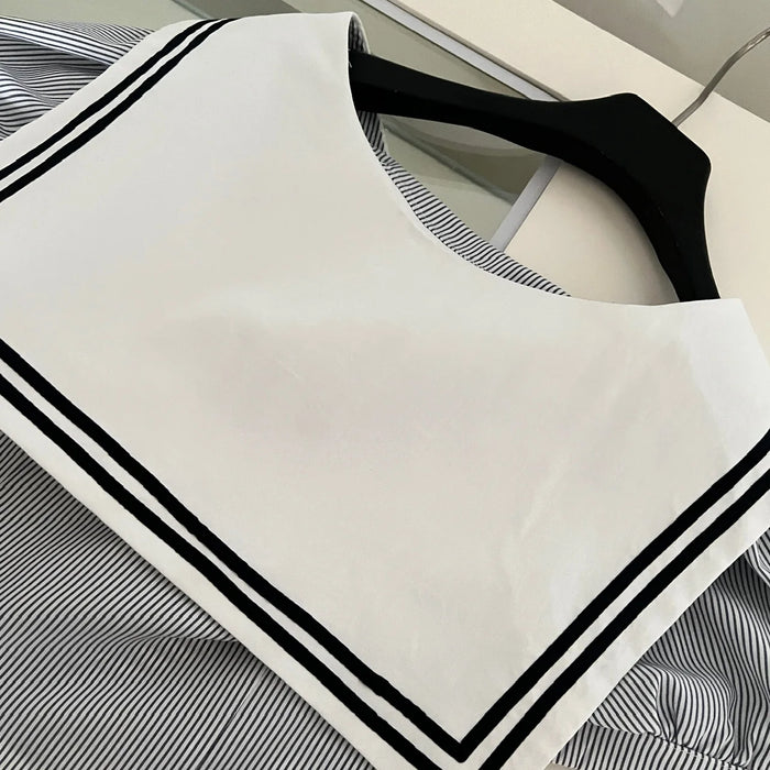Summer Women Shoujo Korean Preppy Outfits 2 Piece School Uniform Set Striped Crop Sailor Collar Shirt + High Waist Pleated Skirt