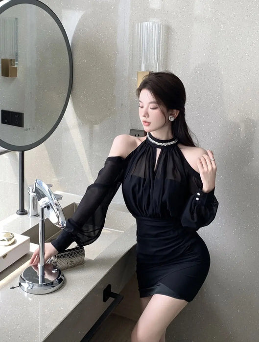 Off Shoulder Dresses for Women Spring Autumn 2025 Beach Korean Fashion One Pieces Curvy Hot Kpop Chiffon Woman Long Sleeve Dress