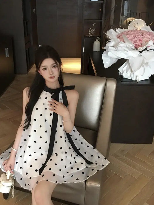 VenusFox Fairy Halter Polka Dot Mini Dress Women Summer Lace Up Bow Off Shoulder Chiffon A-line Dresses Fashion Party Vestidos