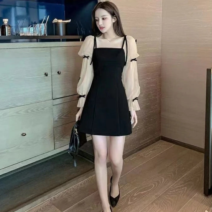 Women's Long Sleeve Dresses Mesh Party One-piece Loose Korean Style Outfits Elegant Luxury Pretty Hot Female Dress Evening Prom