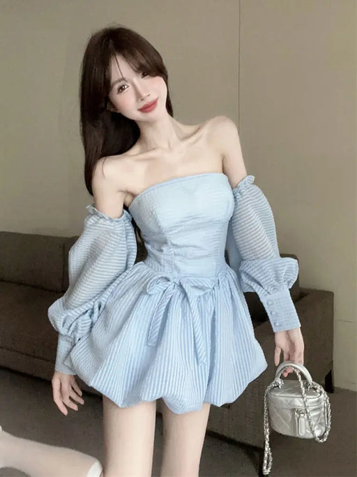 VenusFox French Strapless Dress Women Spring Summer Temperament High-end Sexy Backless Princess Puffy Dresses Shorts Set