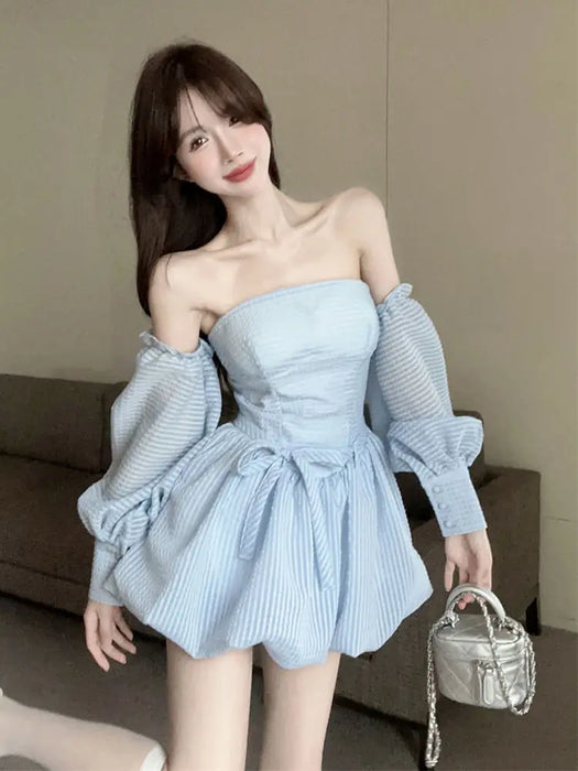 VenusFox French Strapless Dress Women Spring Summer Temperament High-end Sexy Backless Princess Puffy Dresses Shorts Set