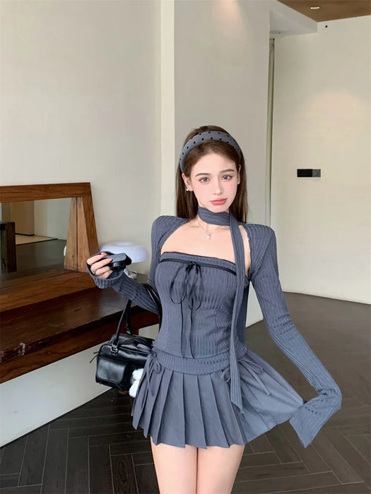 Korean Chic Spicy Girl Long Sleeve Cardigan Slim Fit Tube Top Bow High Waist Pleated Short Skirt Set Two Piece Set Women Outfits