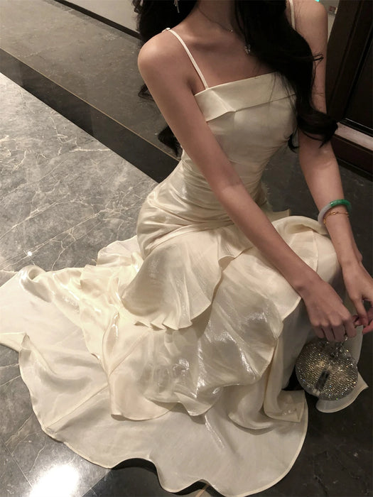 French Elegant Ruffles Sling Women's Mermaid Dresses Prom Gown Soild Zipper Tierred Shoulder Dress 2025 Summer Chic New Vestidos