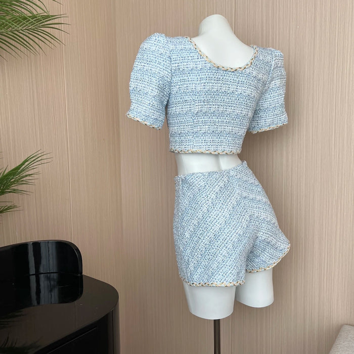 Elegant Chic Vintage Tweed Sets Women Outfits Puff Sleeve Double Breasted Cropped Tops + Asymmetrical Mini Skirt Two Piece Suits