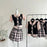 Summer Women Korean Shoujo Idols 2000s Gyaru Outfits 2 Piece Set Short Sleeve Crop Top With Tie + Mini Plaid Pleated Skirts