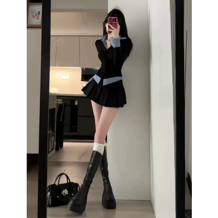 Sweet And Spicy Korean Sle irt And Skirt Set Women's Early Spring College Sle Stripe Splicing Pleated Skirt Two Piece S...