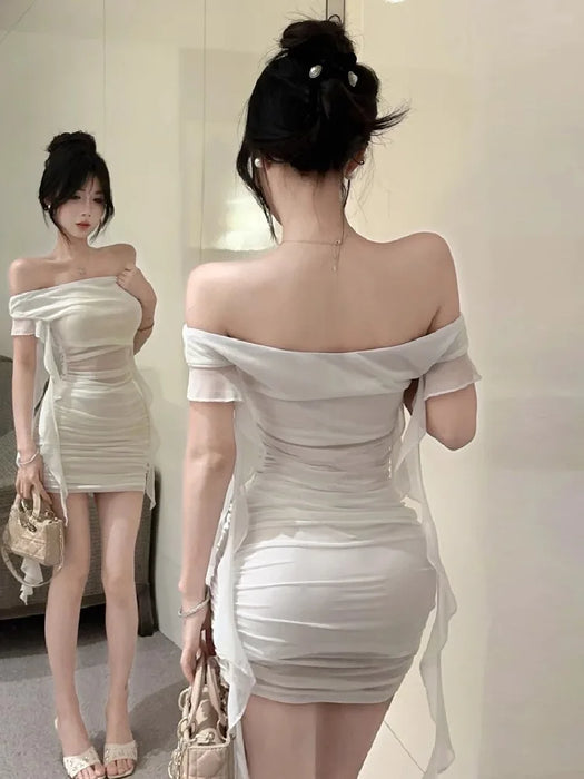 VenusFox Woman Dress Strapless Ruffles Sweet Off Shoulder Patchwork Slim Sweet Backless Summer Fashion Party Mini Dresses Sexy