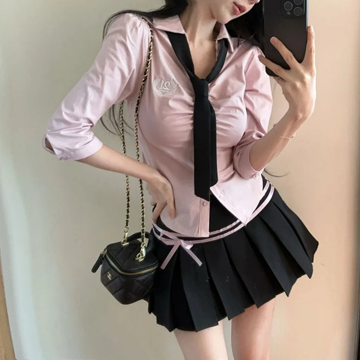 Korean College Sle Sweet And Spicy irt Top with Waist-Cinching Midi Skirt Set Cotton Blend Seven-quarter Sve Tie-waist