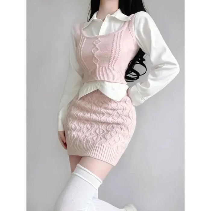 Women's Spring Suite Niche Korean Style Sweatervest Skirt Set Three Piece Single Piece Ins Fashion Overlay