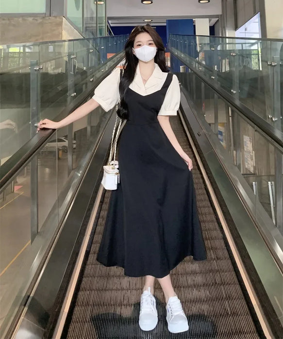 VenusFox Plus Size Color Block Shirt Dress Women's Summer New Style Slimming Hepburn Style Midi Dress Fake Two-Piece Waist-Cinching