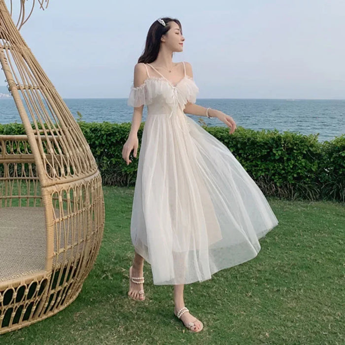 Mesh Dress Woman 2023 Summer Fairycore  Low Chest Off Shoulder Lace-Up White Dresses Women Sexy Sweet Spaghetti Strap Dress