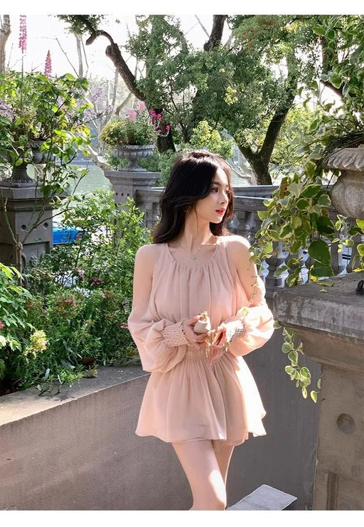 VenusFox Mini Dresses Women Spring Summer Off Shoulder Puff Long Sleeve Chiffon Sweet Ruched Elegant Dress Female Casual Fashion