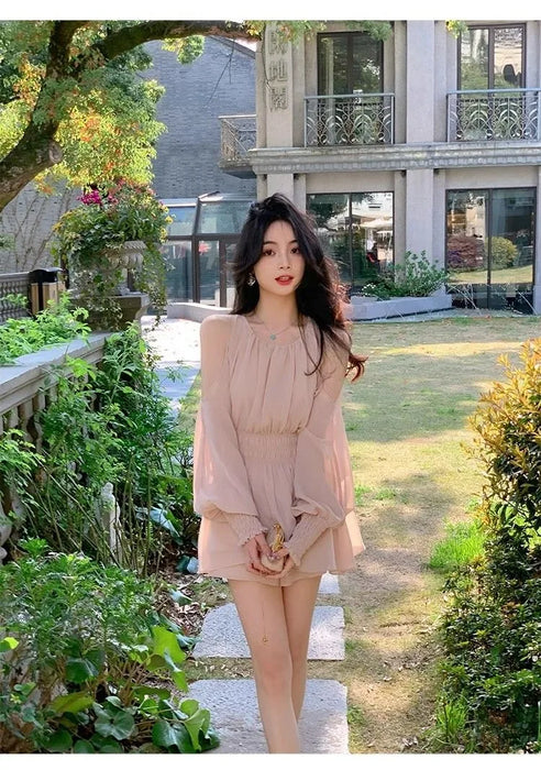 VenusFox Mini Dresses Women Spring Summer Off Shoulder Puff Long Sleeve Chiffon Sweet Ruched Elegant Dress Female Casual Fashion