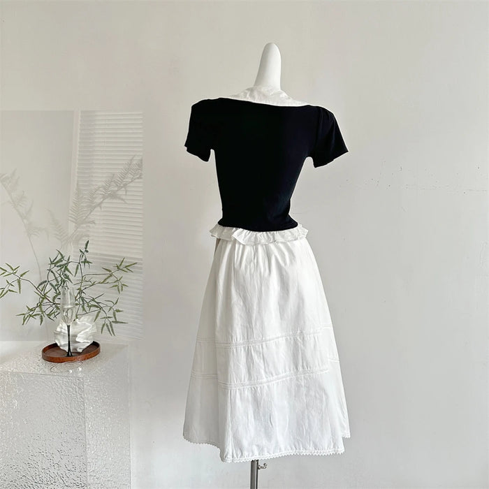 Summer Women Korean Mori Girl 2000s Aesthetic Cute Core Outfits 2 Piece Set Short Sleeve Peter Pan Collar Crop Top + Midi Skirt
