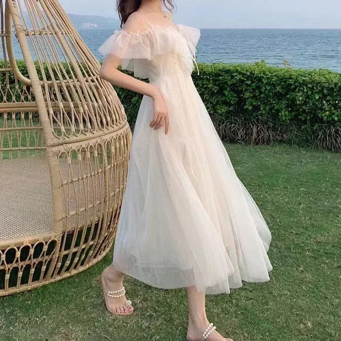 Mesh Dress Woman 2023 Summer Fairycore  Low Chest Off Shoulder Lace-Up White Dresses Women Sexy Sweet Spaghetti Strap Dress