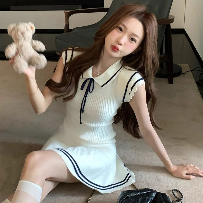 VenusFox Contrast Flying Sleeves Mini Dress for Women Striped Ruffles Elastic A Line Dresses Preppy Style High Waist Vestidos