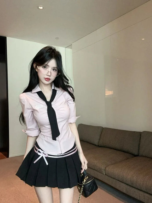 Korean College Sle Sweet And Spicy irt Top with Waist-Cinching Midi Skirt Set Cotton Blend Seven-quarter Sve Tie-waist
