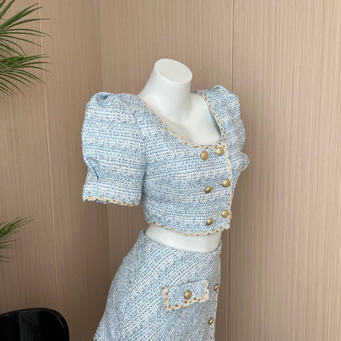 Elegant Chic Vintage Tweed Sets Women Outfits Puff Sleeve Double Breasted Cropped Tops + Asymmetrical Mini Skirt Two Piece Suits