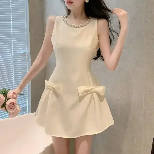 VenusFox Sweet Sleeveless Birthday Party Dress Women Summer Beading Round Neck Waist Bow A-line Mini Dresses Elegant Vestidos