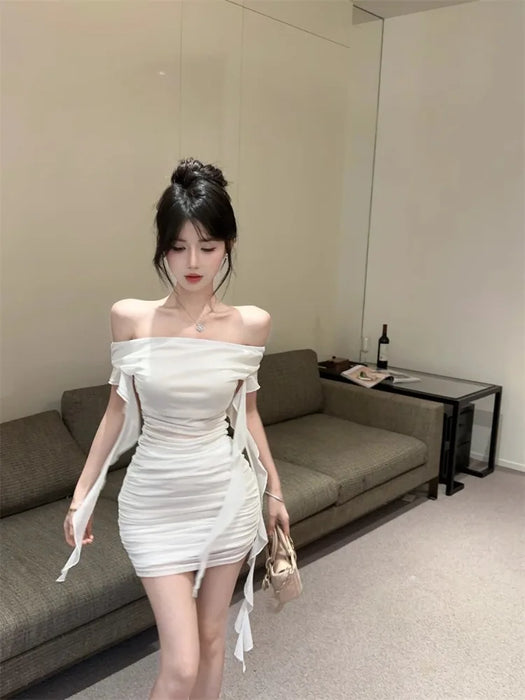 VenusFox Woman Dress Strapless Ruffles Sweet Off Shoulder Patchwork Slim Sweet Backless Summer Fashion Party Mini Dresses Sexy