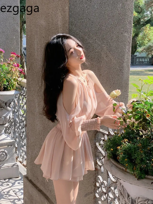 Ezgaga Mini Dresses Women Spring Summer Off Shoulder Puff Long Sleeve Chiffon Sweet Ruched Elegant Dress Female Casual Fashion
