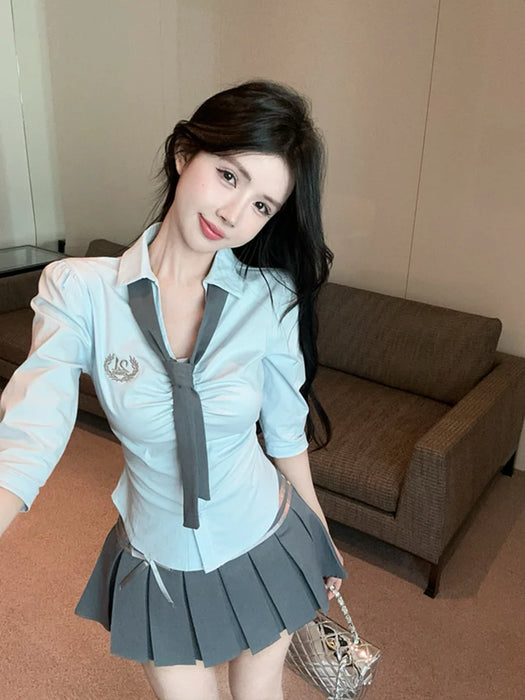 Korean College Sle Sweet And Spicy irt Top with Waist-Cinching Midi Skirt Set Cotton Blend Seven-quarter Sve Tie-waist