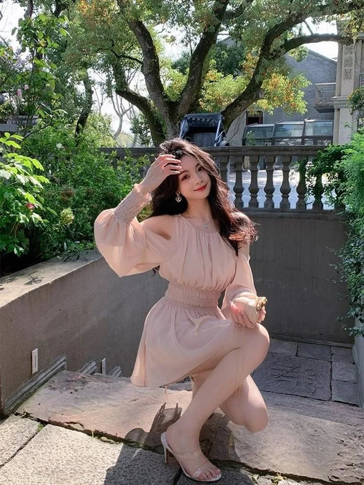 VenusFox Mini Dresses Women Spring Summer Off Shoulder Puff Long Sleeve Chiffon Sweet Ruched Elegant Dress Female Casual Fashion