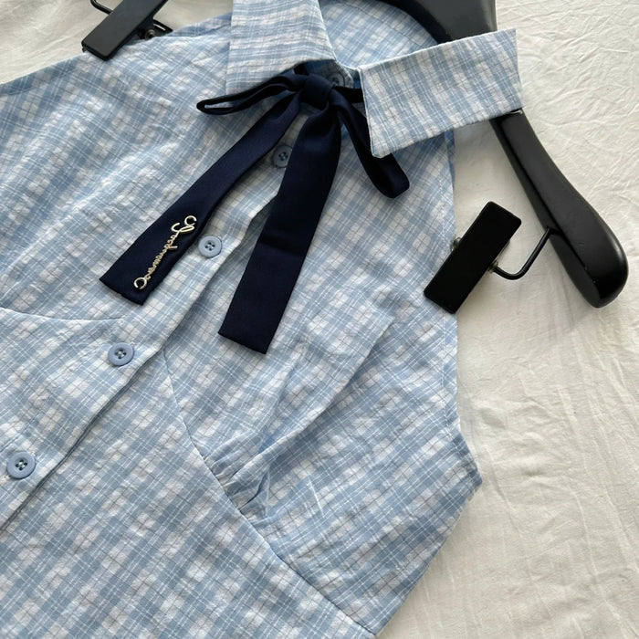 Summer Women Kpop Preppy Style 2000s Aesthetic Outfits 2 Piece Set Bow Plaid Tank Tops + High Waist A-line Mini Pleated Skirt