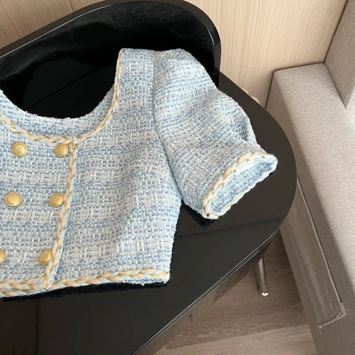 Elegant Chic Vintage Tweed Sets Women Outfits Puff Sleeve Double Breasted Cropped Tops + Asymmetrical Mini Skirt Two Piece Suits