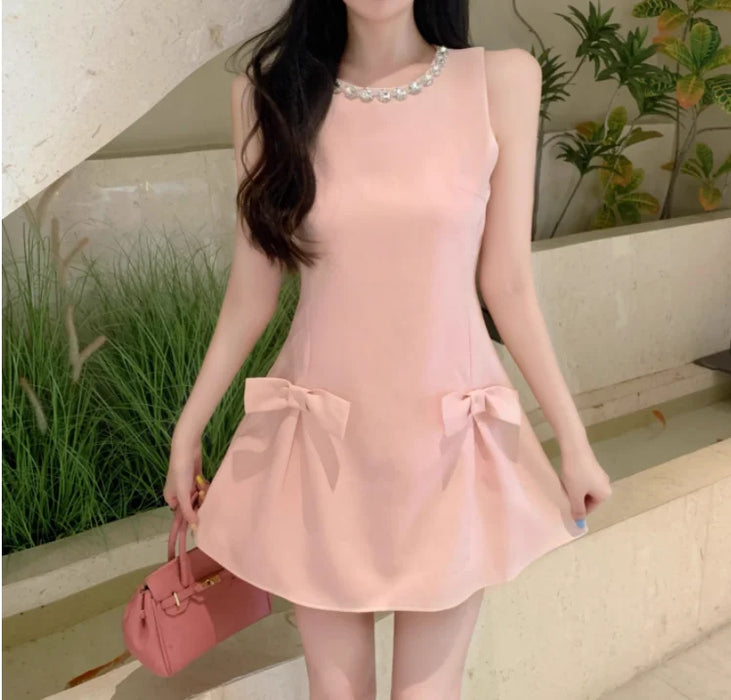 VenusFox Sweet Sleeveless Birthday Party Dress Women Summer Beading Round Neck Waist Bow A-line Mini Dresses Elegant Vestidos