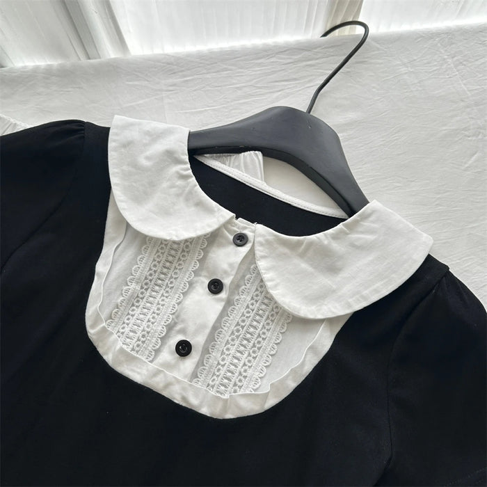 Summer Women Korean Mori Girl 2000s Aesthetic Cute Core Outfits 2 Piece Set Short Sleeve Peter Pan Collar Crop Top + Midi Skirt