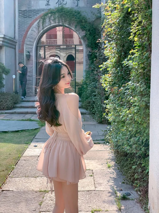 VenusFox Mini Dresses Women Spring Summer Off Shoulder Puff Long Sleeve Chiffon Sweet Ruched Elegant Dress Female Casual Fashion