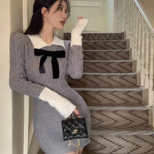 Bow Female Knit Dress High Quality Deals Trend Fashion Korean Comfortable Casual Essential New in Pink Women's Crochet Dresses