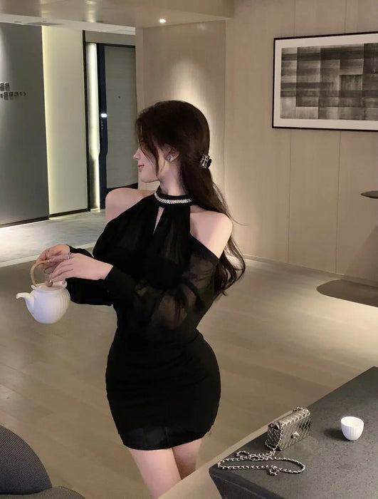 Off Shoulder Dresses for Women Spring Autumn 2025 Beach Korean Fashion One Pieces Curvy Hot Kpop Chiffon Woman Long Sleeve Dress