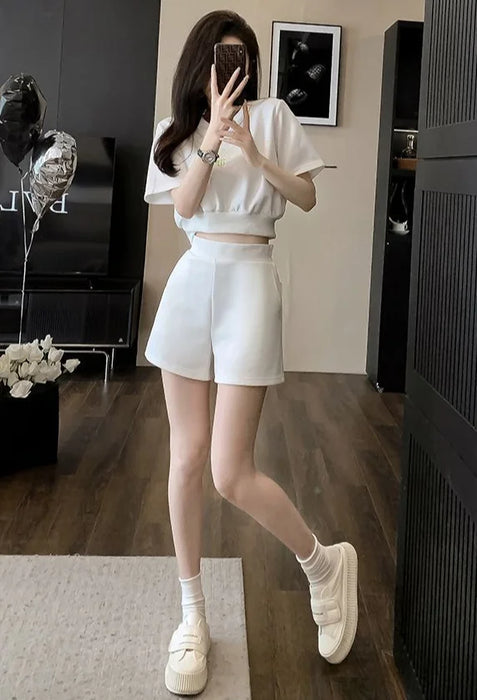 Women's Short Sets 2 Pieces Tracksuit White Clothing Female Shorts Trend 2024 New Coordinated Korean Style Tailor Fashion Full
